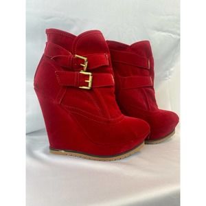 Red Suede Wedges with Gold Buckles - Shoedazzle
